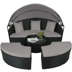 Tectake - Wicker Zonne-eiland Santorini - Diverse Kleuren - Zwart / Grijs -Tuinmeubelen 1000077890 0102